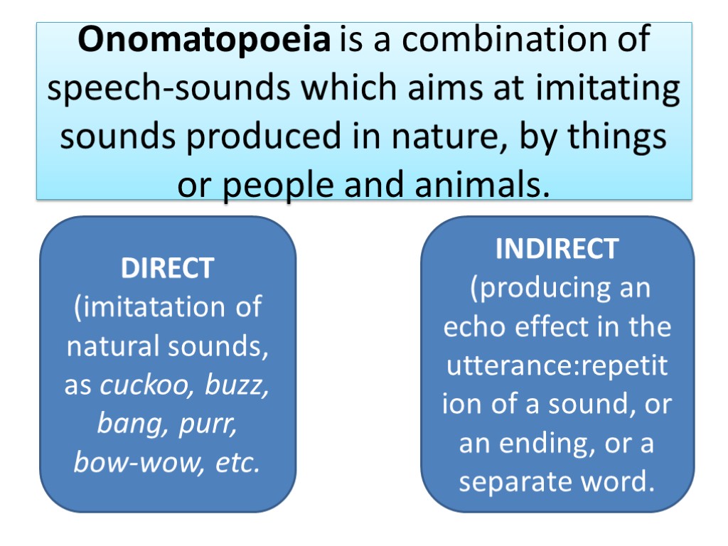 Onomatopoeia is a combination of speech-sounds which aims at imitating sounds produced in nature,